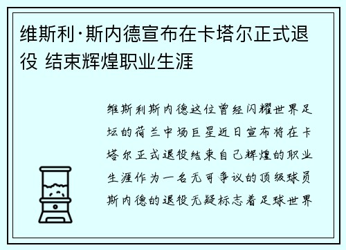 维斯利·斯内德宣布在卡塔尔正式退役 结束辉煌职业生涯