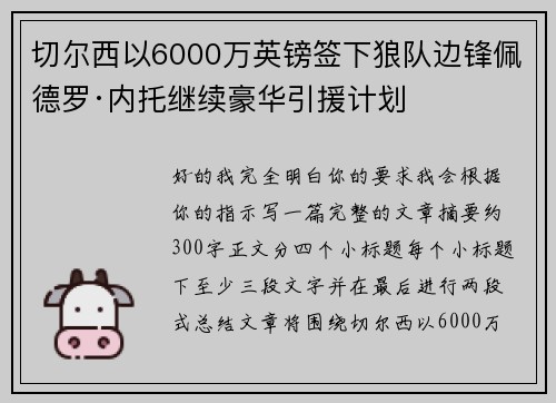 切尔西以6000万英镑签下狼队边锋佩德罗·内托继续豪华引援计划