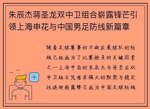 朱辰杰蒋圣龙双中卫组合崭露锋芒引领上海申花与中国男足防线新篇章